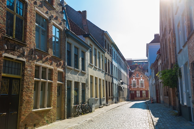 Cozy buildings, street in old provincial European town.