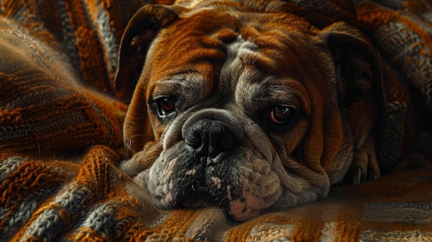 Cozy Bulldog Resting on Blanket Indoor Scene Image