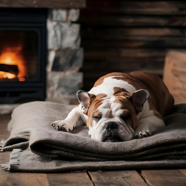 Cozy Bulldog Resting by Fireplace in Rustic Living Room