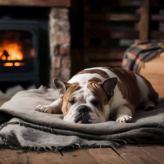 Cozy Bulldog Resting by Fireplace in Rustic Living Room