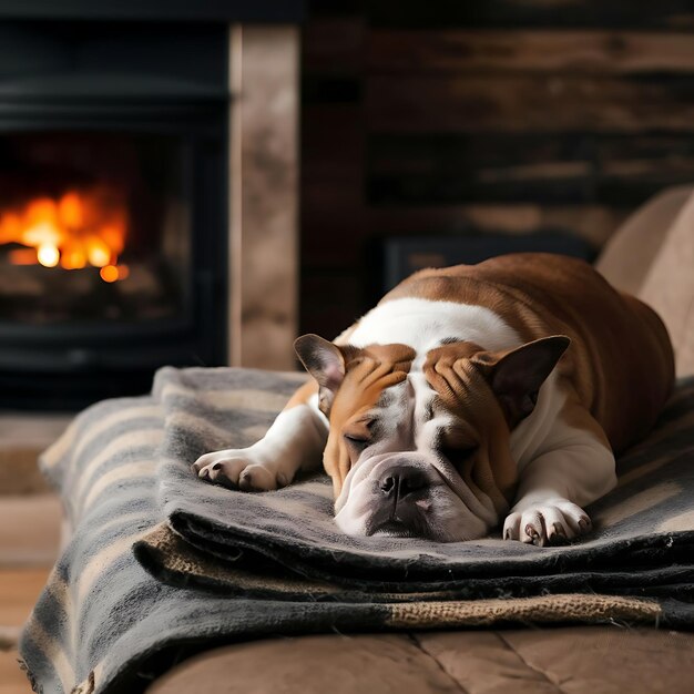 Cozy Bulldog Resting by Fireplace in Rustic Living Room