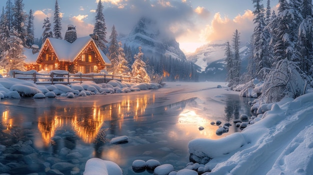 Photo cozy cabin by the frozen lake in a winter wonderland