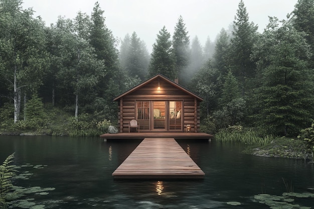 Photo a cozy cabin by a serene lake surrounded by lush forest and mist