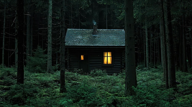 Photo cozy cabin in the dark forest at night