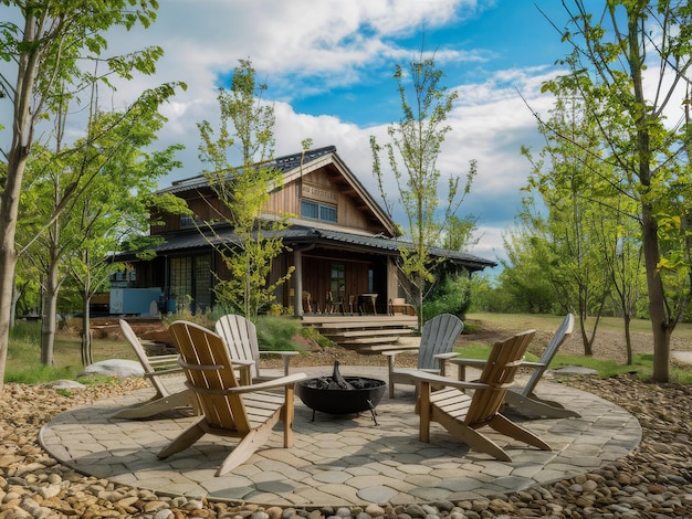 Photo cozy cabin exterior with fire pit chairs