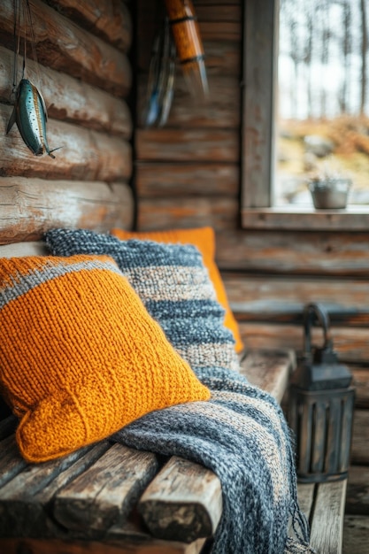 Photo cozy cabin interior featuring colorful knitted pillows and a wooden bench by the window