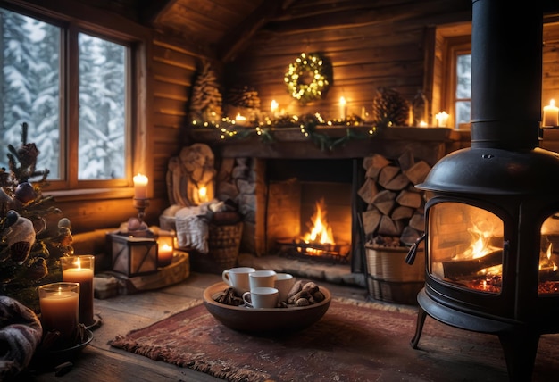 A cozy cabin interior with a family by the fireplace warmth and relaxation are depicted