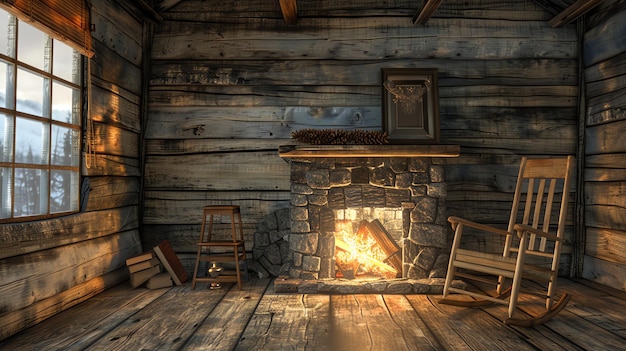 A cozy cabin interior with a lit fireplace a rocking chair and a window looking out at a snowy winter scene