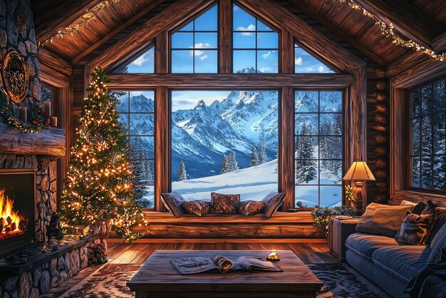 Photo a cozy cabin interior with snowy mountain view perfect for winter