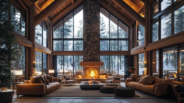 A cozy cabin living room featuring a large fireplace with a roaring fire comfortable seating