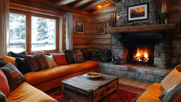 Cozy Cabin Living Room with Fireplace and Snowy Window View