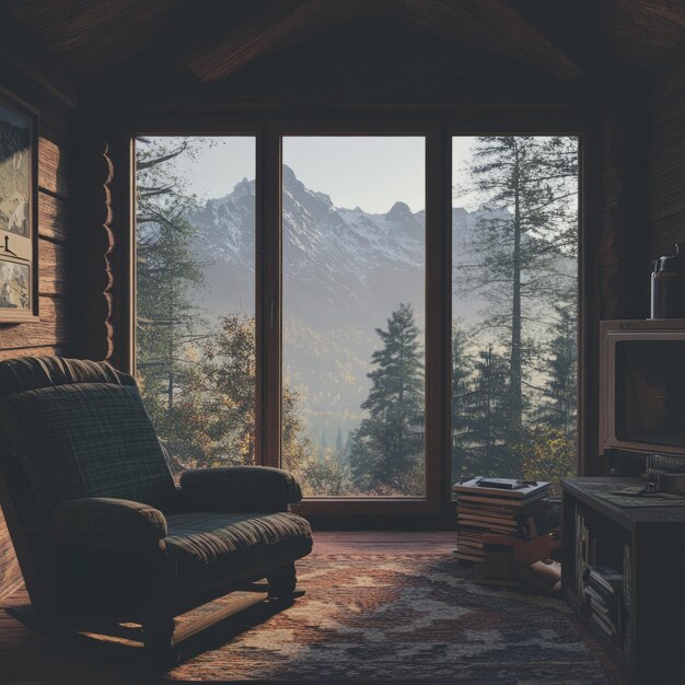 Photo cozy cabin living room with a rocking chair facing a large window overlooking a mountain view