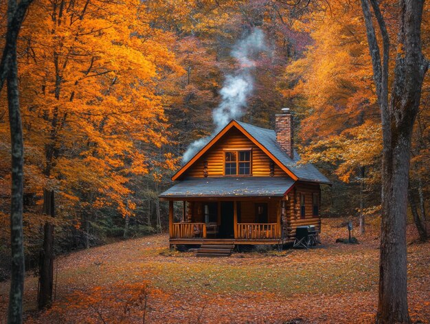 Photo a cozy cabin nestled amongst autumnal trees with smoke rising from the chimney