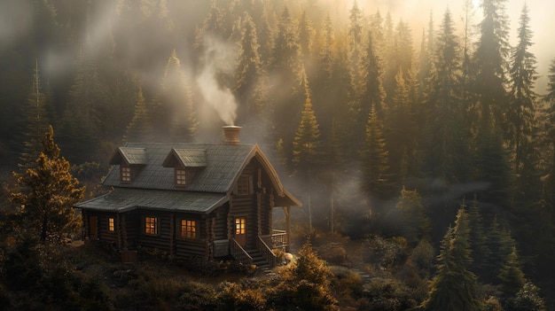 cozy cabin nestled in a forest clearing smoke curling lazily from its chimney into the crisp air