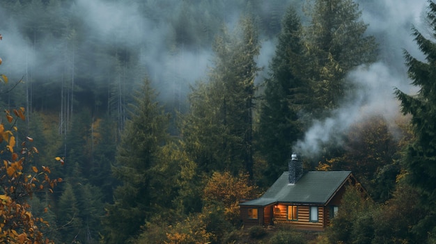 cozy cabin nestled in a forest clearing smoke curling lazily from its chimney into the crisp air