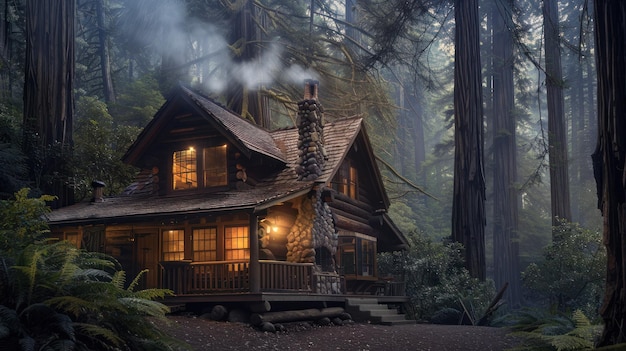 A cozy cabin nestled in a misty forest smoke rising from the chimney