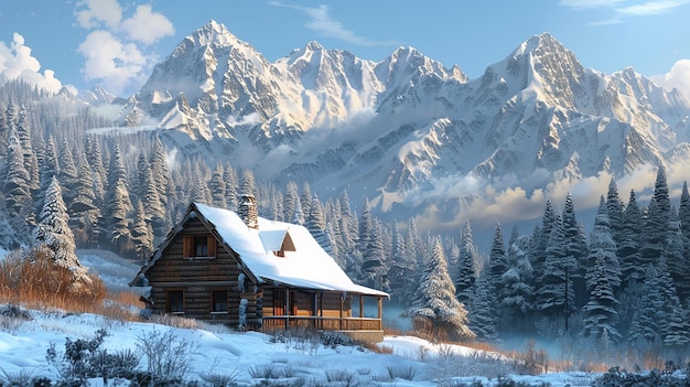 Cozy cabin nestled in snowcapped mountains mockup