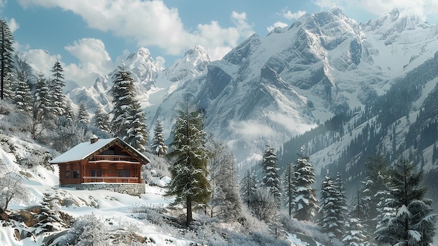 Cozy cabin nestled in snowcapped mountains mockup