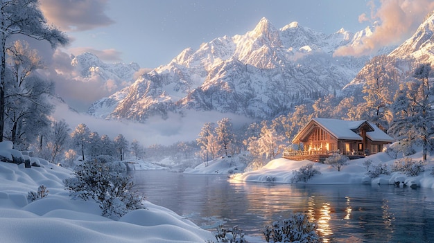 A Cozy Cabin Nestled In Snowy Alpine Valley Background