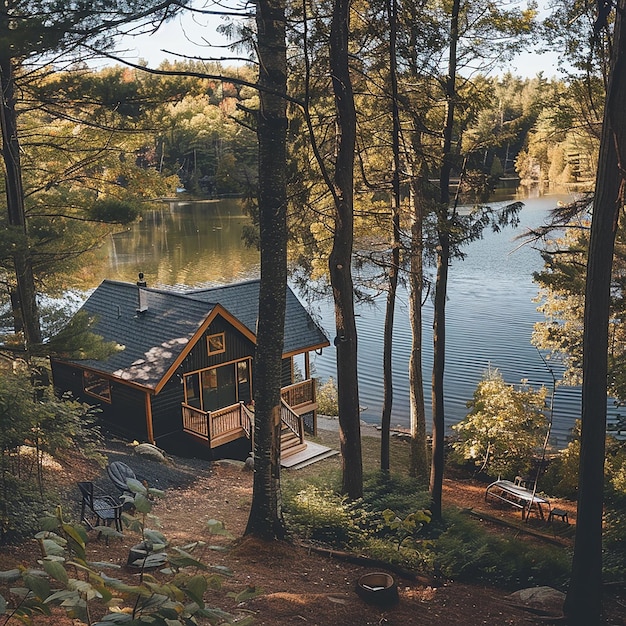 Photo cozy cabin nestled in the woods surrounded by towering trees