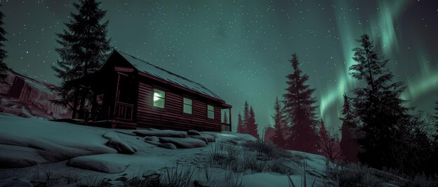 Cozy cabin at night under a mystical aurora borealis display in a serene snowy landscape