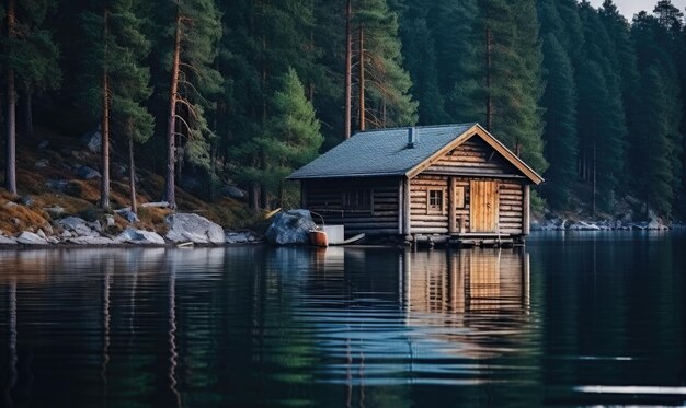 Photo a cozy cabin retreat on a serene lake surrounded by majestic forest