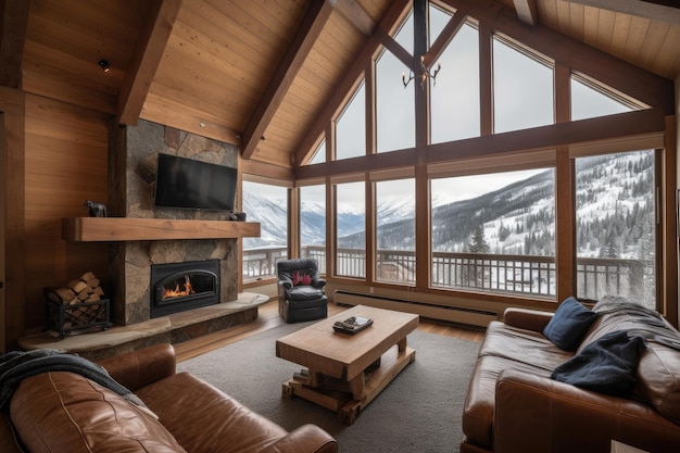 Cozy cabin retreat with fireplace and view of the mountains perfect for a winter escape