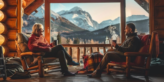 Photo a cozy cabin scene with a couple relaxing on a porch with mountain views and hot drinks