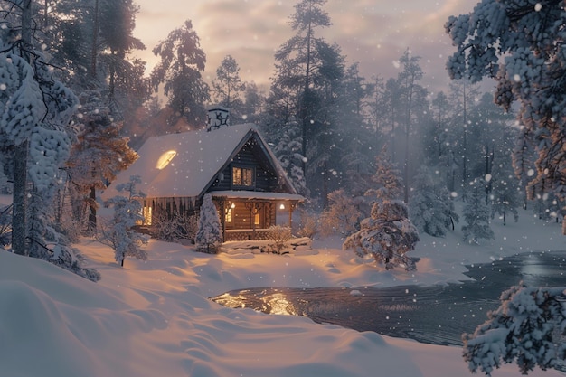 A cozy cabin in a snowcovered forest