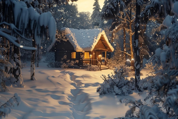 A cozy cabin in a snowcovered forest