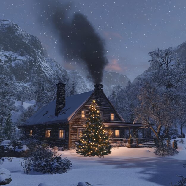 Photo a cozy cabin in a snowy landscape with a christmas tree smoke rising from the chimney