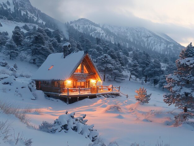 Photo cozy cabin in snowy mountain landscape