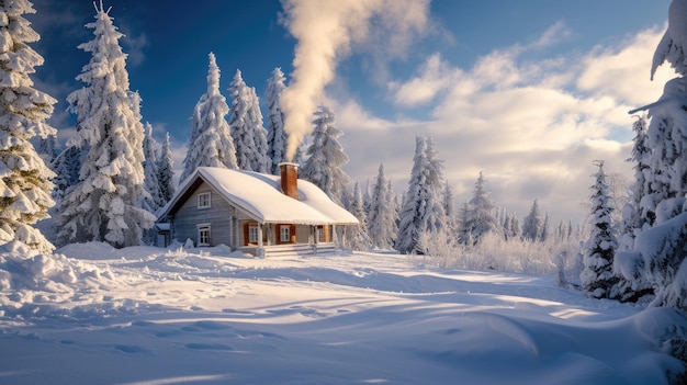 Cozy Cabin in Snowy Winter Forest at Daytime Resplendent