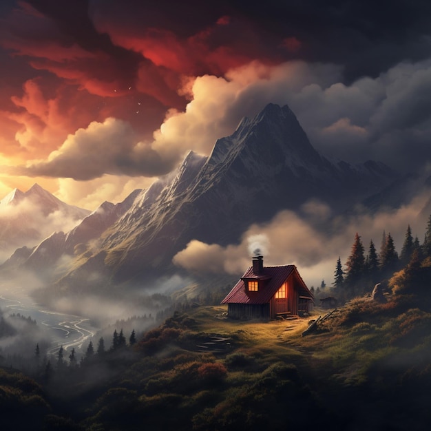 A cozy cabin surrounded by misty mountains and swirling