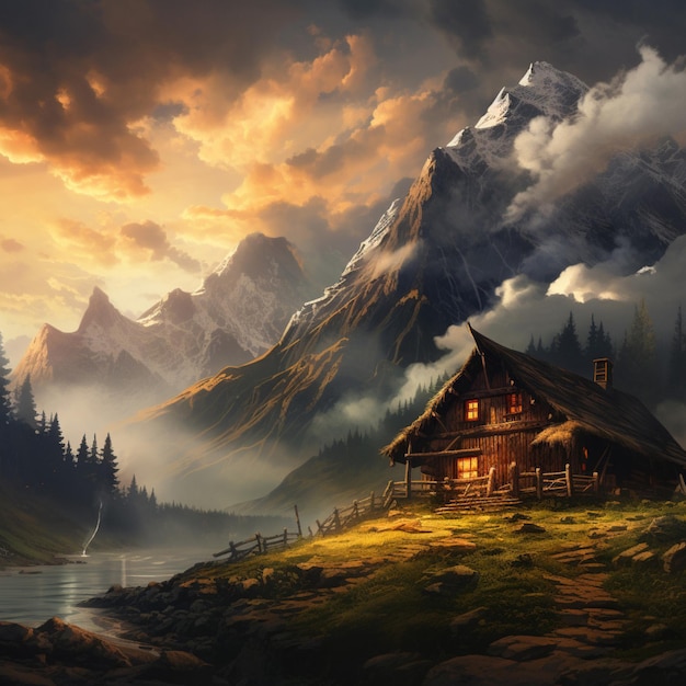 A cozy cabin surrounded by misty mountains and swirling