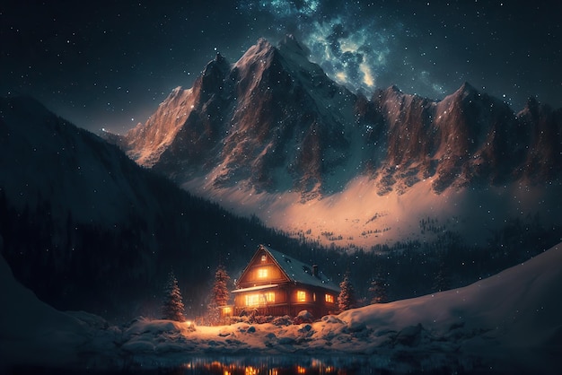 Cozy cabin in winter mountains with lit windows Beautiful night landscape