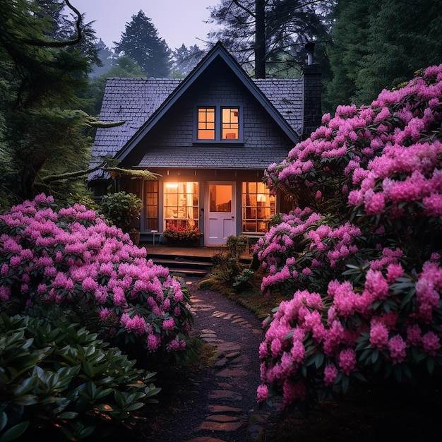 A cozy cabin with blooming rhododendrons in the surroundings