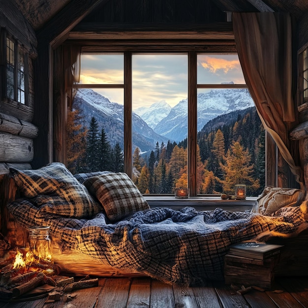 Photo cozy cabin with a fire and a mountain view