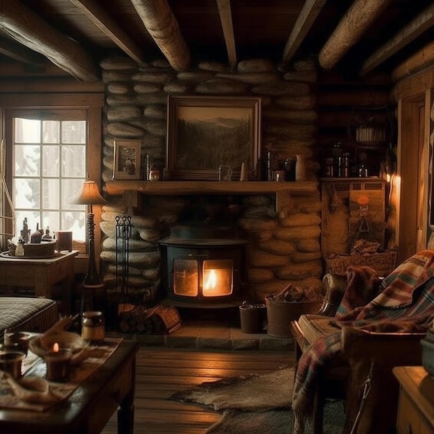 A cozy cabin with a fireplace and a blanket on the floor.