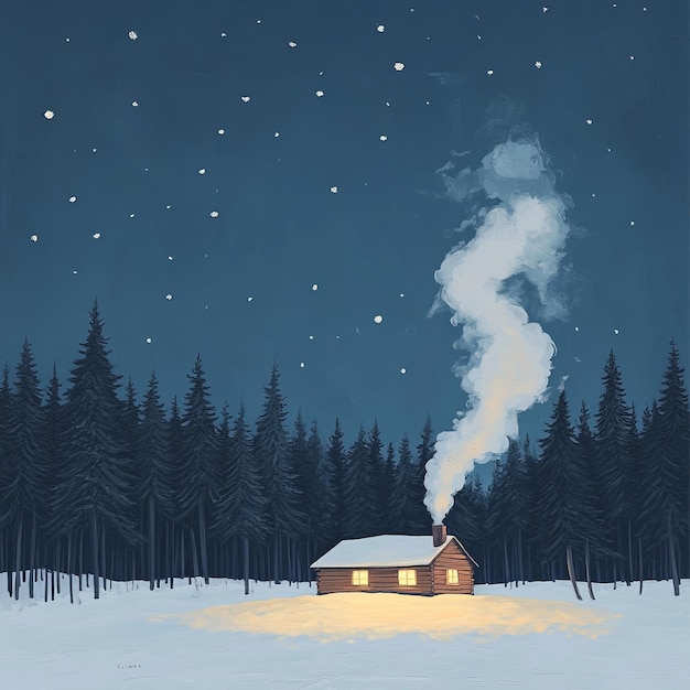 Photo a cozy cabin with smoke rising from the chimney sits in a snowy forest under a starry sky