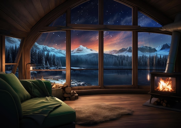 A cozy cabin with a view of Aurora Borealis in the sky