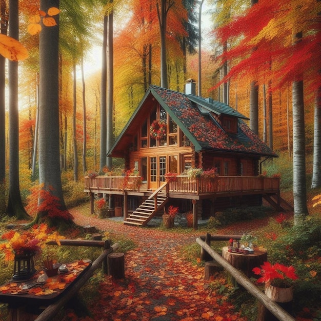 A cozy cabin in the woods surrounded by colorful leaves AI Generated Art