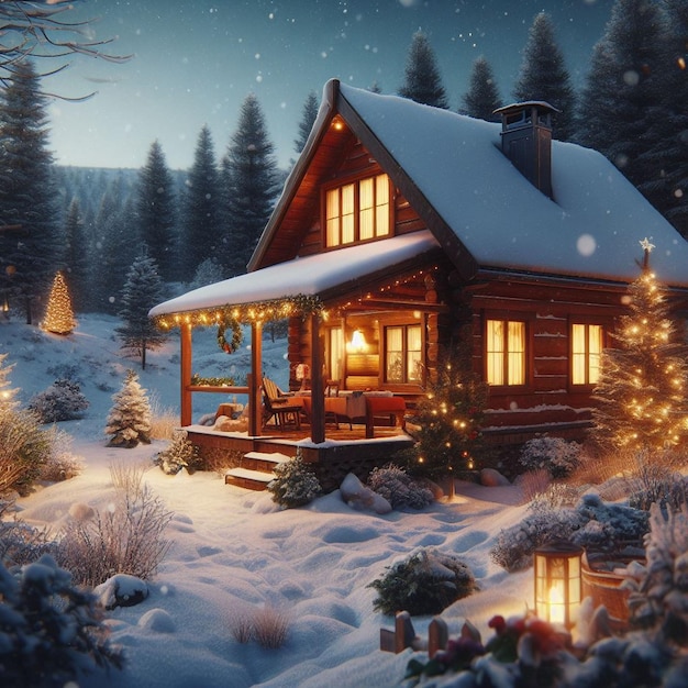 cozy cabin in the woods with a snowcovered landscape Christmas backgrounds images