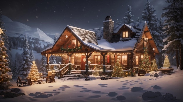 cozy cabin in the woods with a snowcovered landscape Christmas backgrounds images