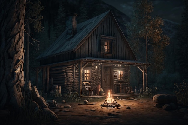 a cozy cabin in the woods with a warm fire representing the comfort of a rural lifestyle