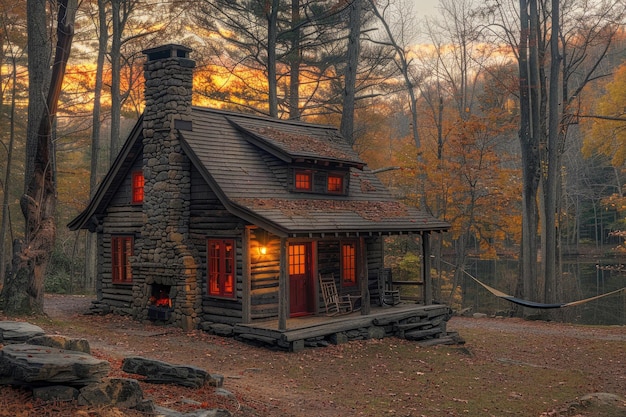 A cozy cabin in the woods with a warm fire and a view of the mountains