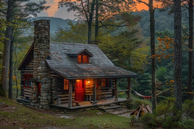 A cozy cabin in the woods with a warm fire and a view of the mountains