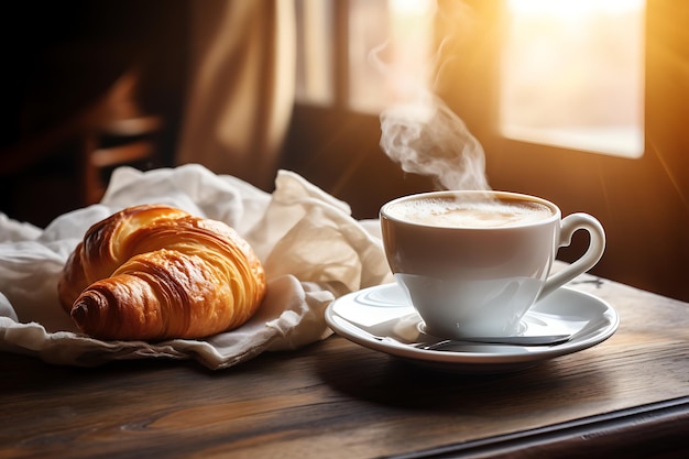 Cozy cafe ambiance transparent cup of steaming coffee and fresh croissant