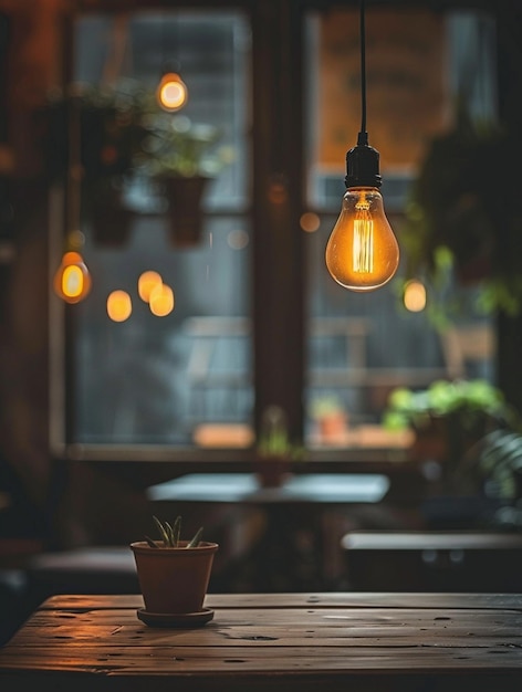 Photo cozy cafe ambiance with warm edison bulb and indoor plants