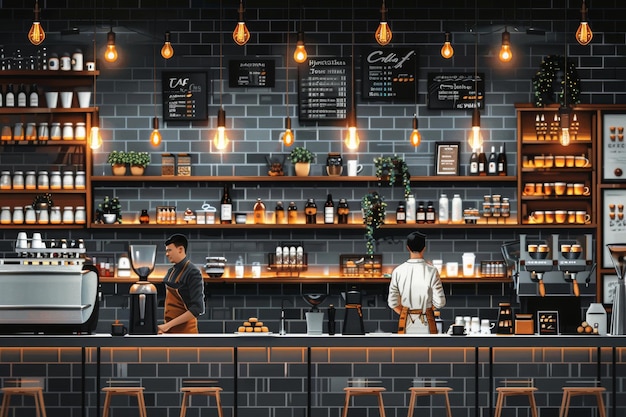 Cozy Cafe Interior with Warm Lighting and Shelves of Coffee Supplies and Decor